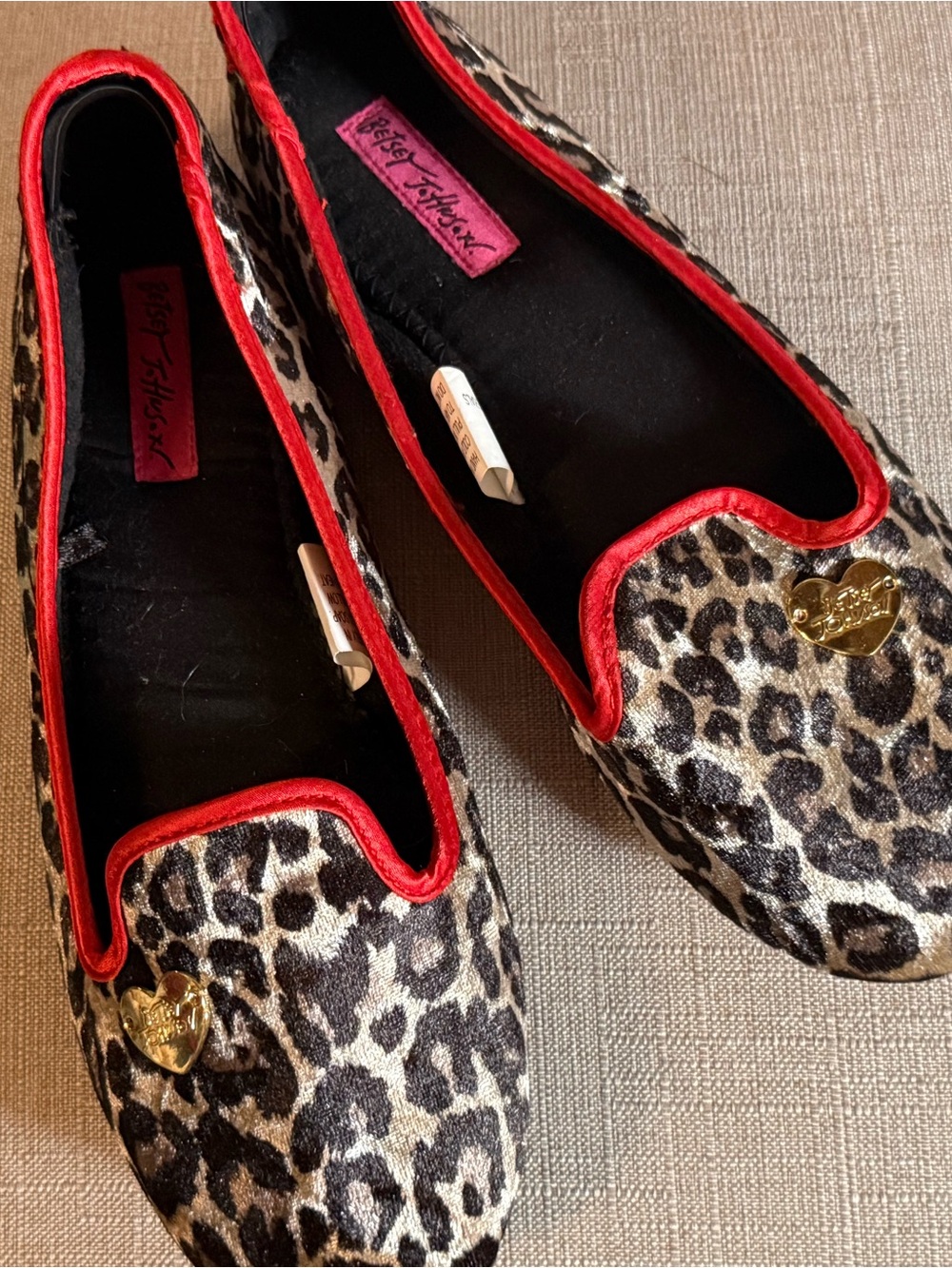 Betsey Johnson Leopard Print Flats with Red Trim and Gold Heart